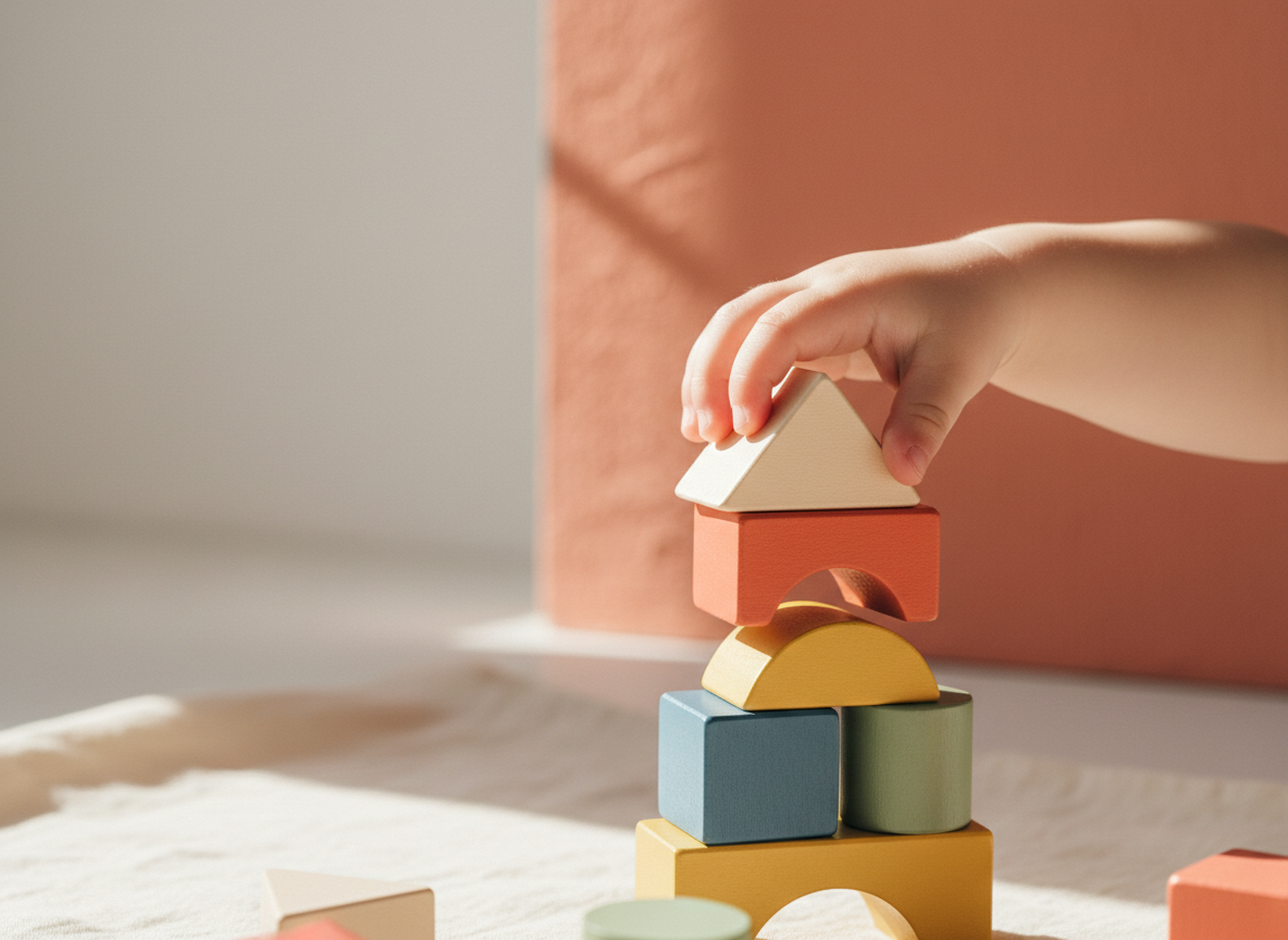 Small children's hands stacking colorful wooden blocks in warm natural light